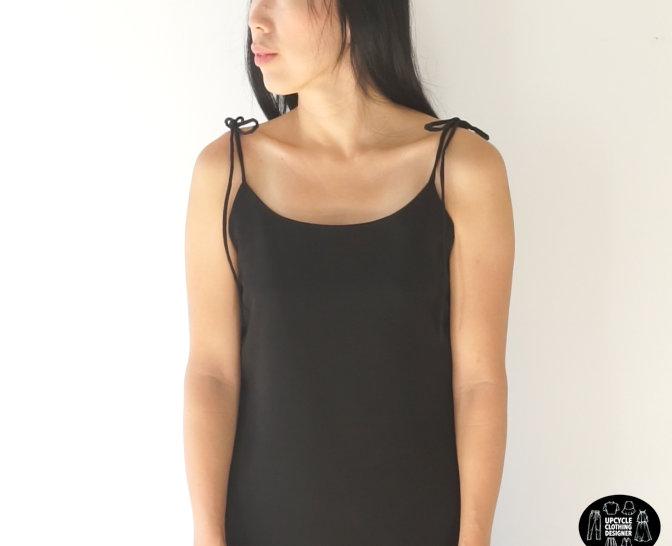 Front view of the black DIY silk slip dress