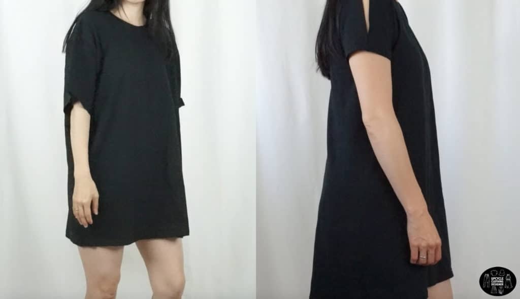 DIY cold shoulder t-shirt dress before and after