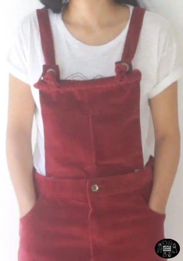 Front view of the DIY dungaree dress from old corduroy pants