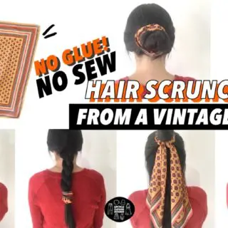DIY no sew hair scrunchie from a vintage scarf before and after