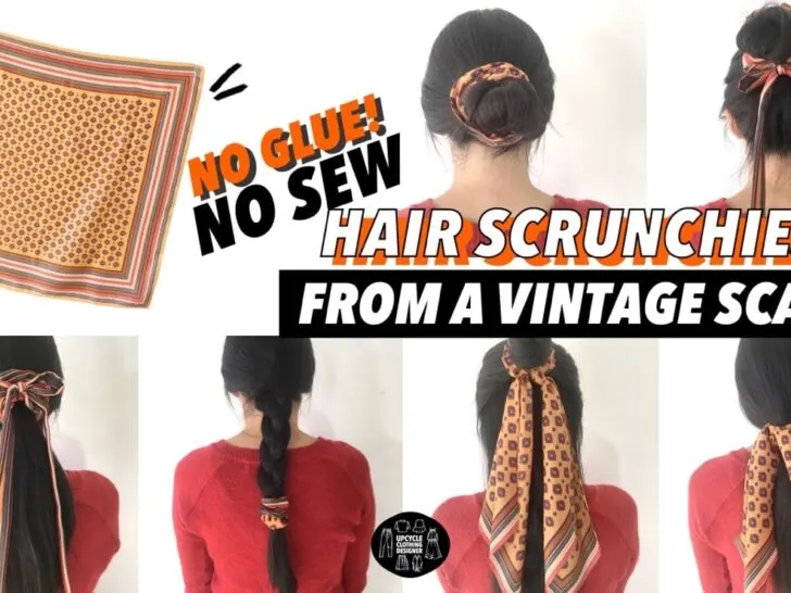DIY no sew hair scrunchie from a vintage scarf before and after
