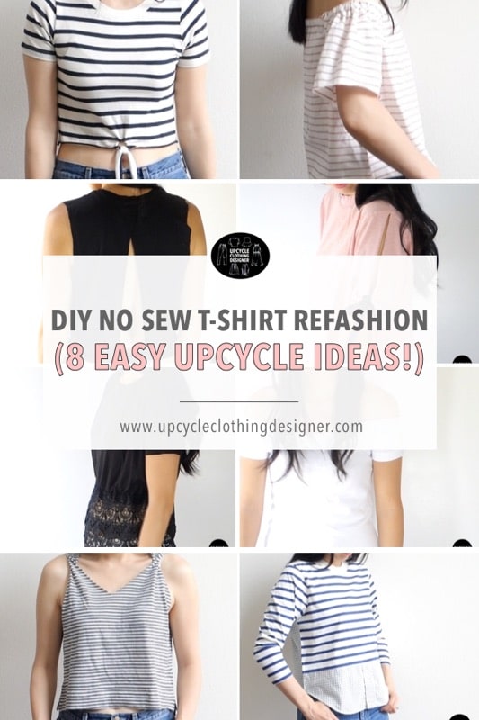 DIY no sew t-shirt refashion projects. The step-by-step no sew tutorials demonstrate how to upcycle a t-shirt without sewing.