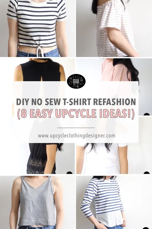 DIY no sew t-shirt refashion projects. The step-by-step no sew tutorials demonstrate how to upcycle a t-shirt without sewing.