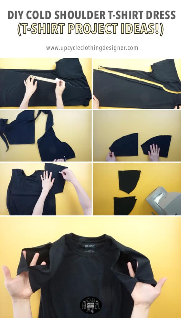 How to make a DIY cold shoulder t-shirt dress from a tee. The upcycle tutorial features step-by-step photos of the process for beginners to easily follow.