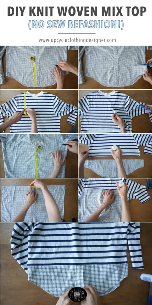 How to make a diy knit woven mix top by combining a knit shirt with a woven shirt.