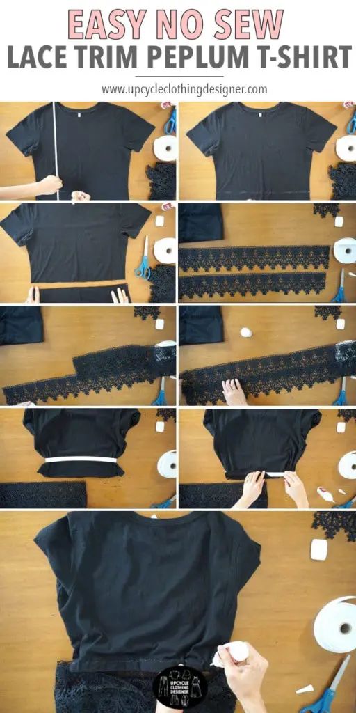 How to make this diy peplum top using a t-shirt and lace trim. The collage follows each of the steps required.