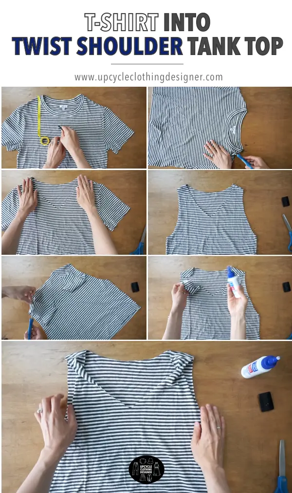 How to make a t-shirt into twist shoulder tank top without sewing. Easy no sew tutorial has step-by-step pictures of the process.