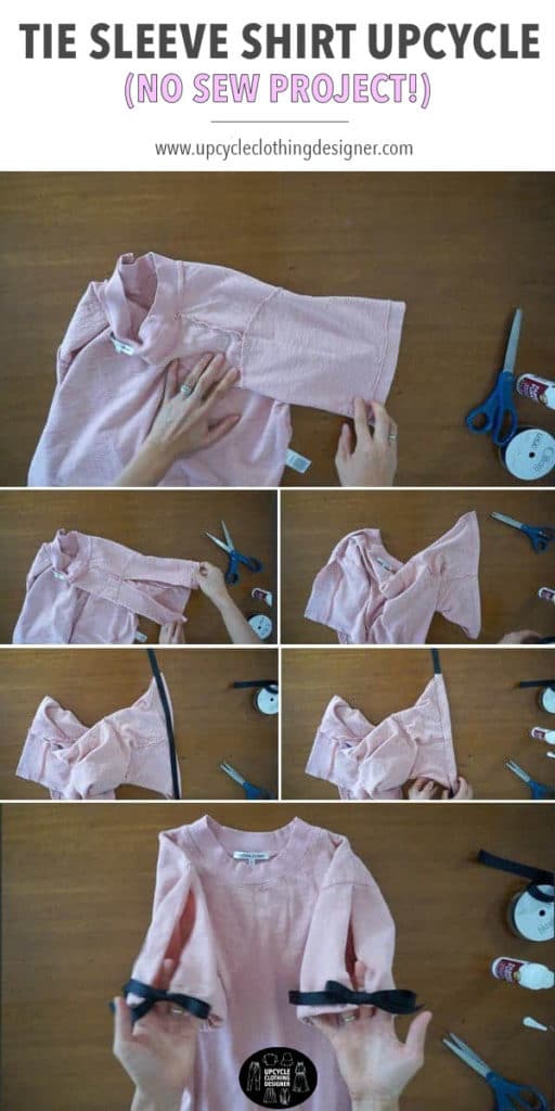 How to make a tie sleeve shirt from a plain t-shirt. Follow the no sew instructions to make the sleeve alteration and add the bow tie sleeve detail.