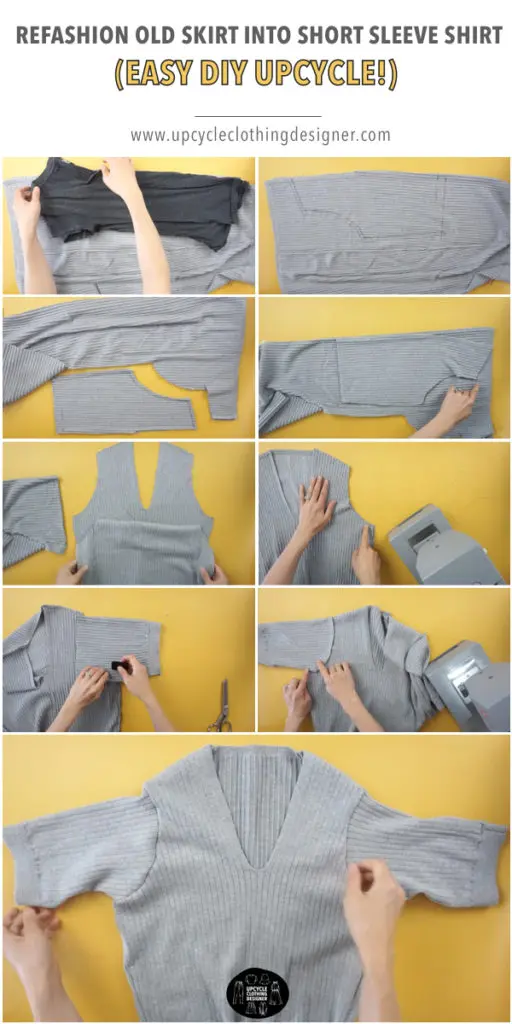Step by step photos of how to refashion an old skirt into a short sleeve shirt.