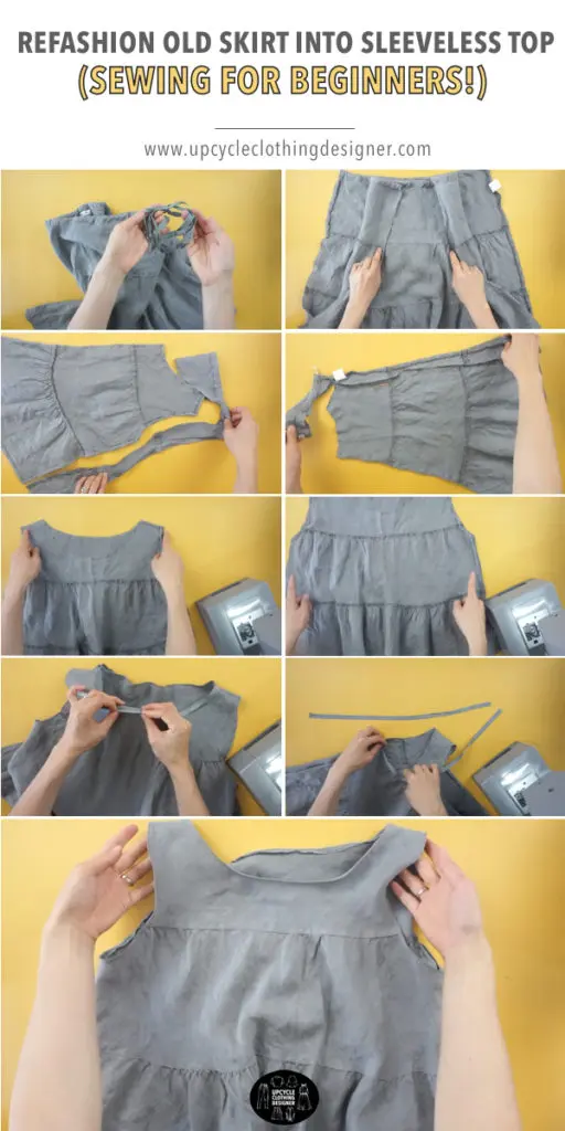 Step by step photos of how to refashion old skirt into sleeveless top