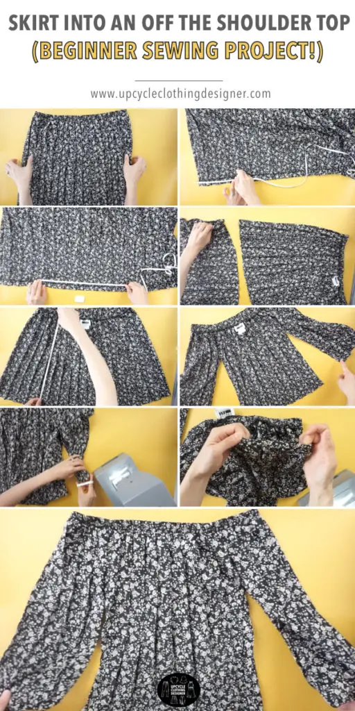 Step by step photos of how to transform a skirt into an off the shoulder top