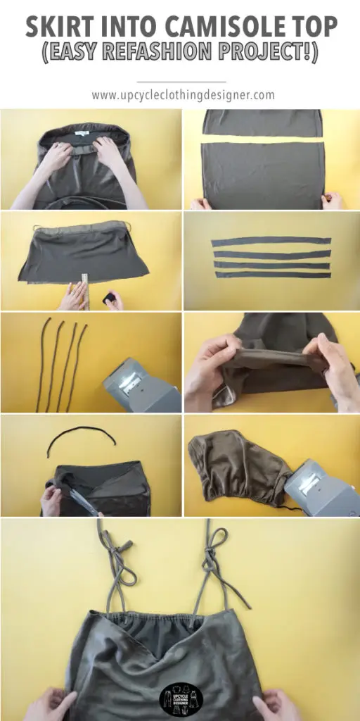 Step by step photos of how to upcycle a skirt into a camisole top