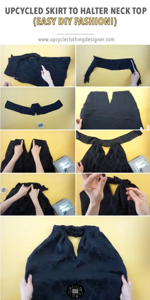 Step by step photos of how to upcycle a skirt into a halter neck top.