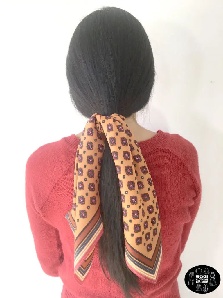 DIY no sew hair scarf scrunchie in a loose ponytail hairstyle