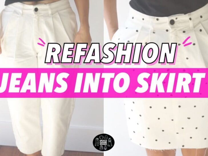 Refashion old denim jeans into a polka dot skirt before and after