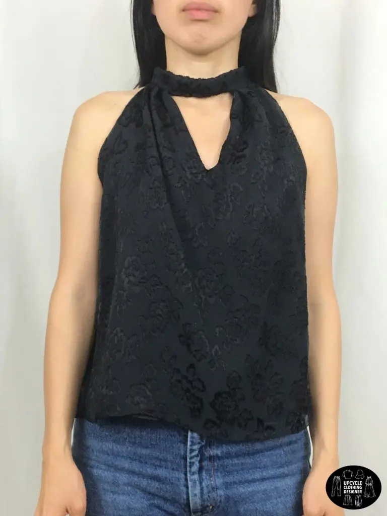 Front view of halter neck top from refashion skirt