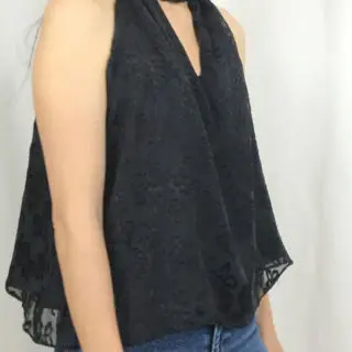 Sideview of halter neck top from upcycle skirt