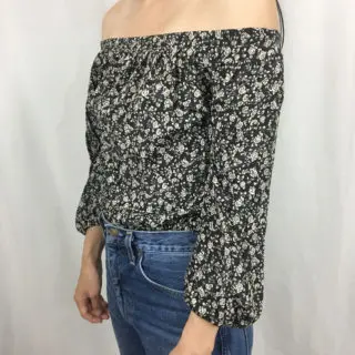 Sideview of off the shoulder top from refashion skirt