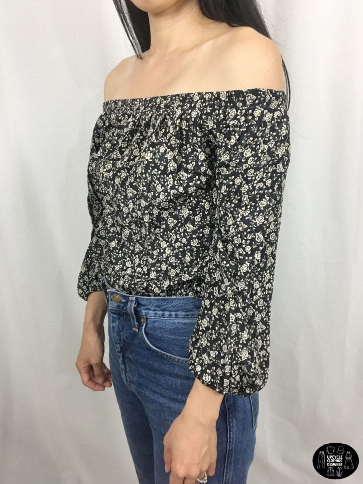Sideview of off the shoulder top from refashion skirt