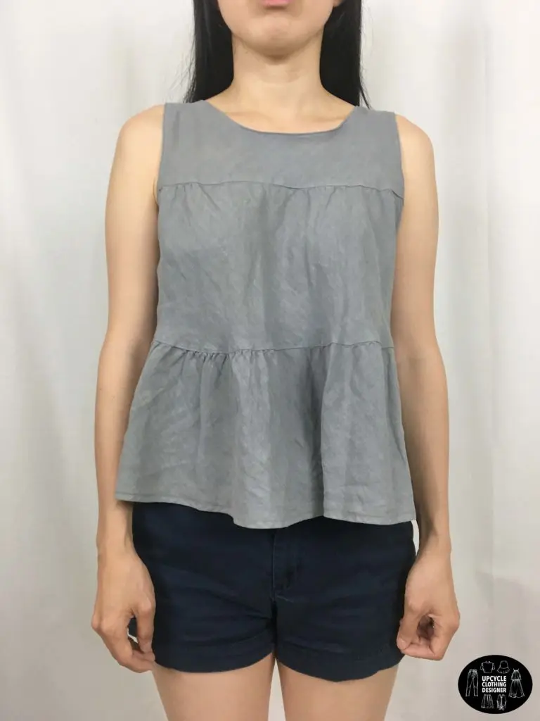 Front view of sleeveless top from refashion skirt