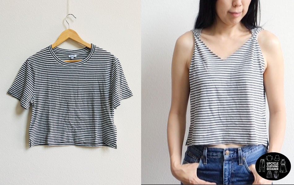 Before and after t-shirt into twist shoulder tank top