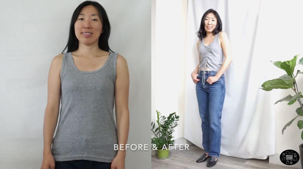 DIY ruched drawstring tank top before and after
