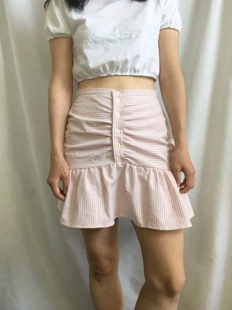 Front view of the mini skirt from men's dress shirt