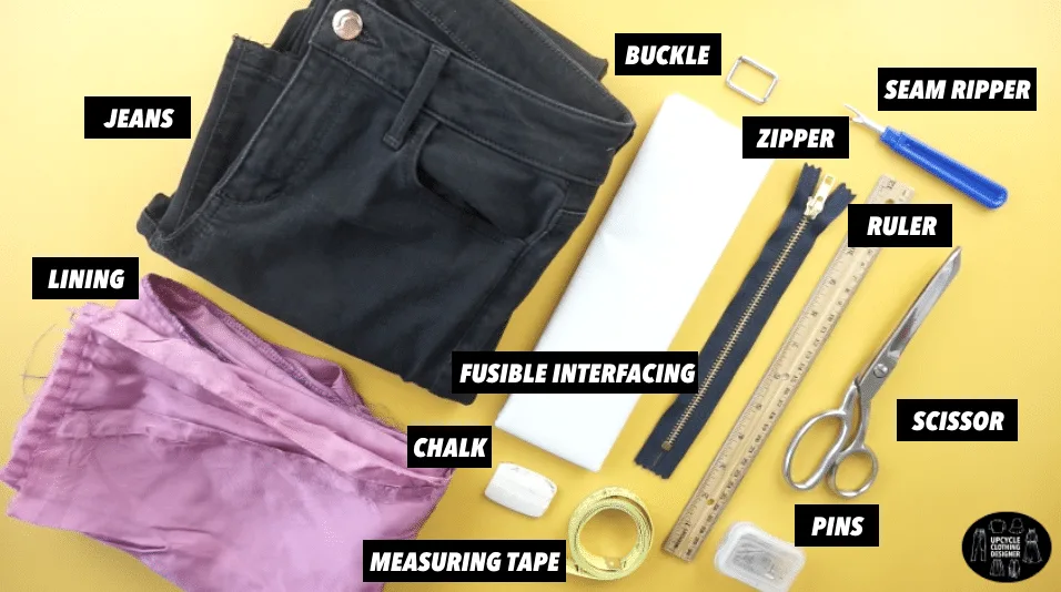 Materials to make a crescent purse from old jeans.