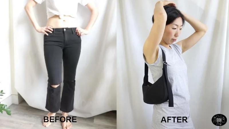 DIY crescent purse form old jeans before and after DIY crescent purse form old jeans before and after