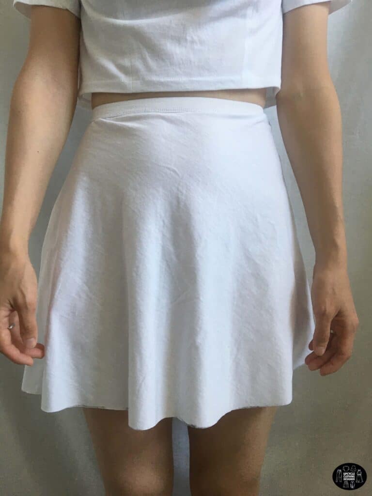 Front view of the high waisted circle mini skirt from a t-shirt