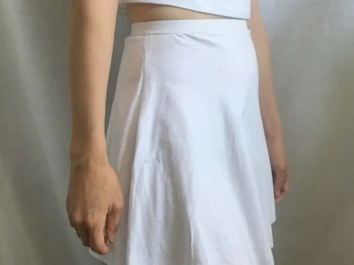 Sideview of the high waisted circle mini skirt from a t-shirt
