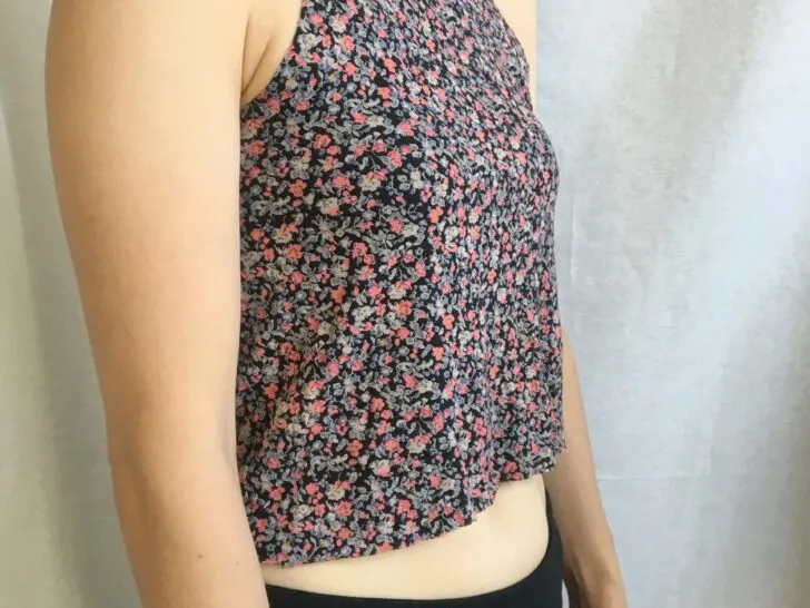 Sideview of the no sew halter top from t-shirt