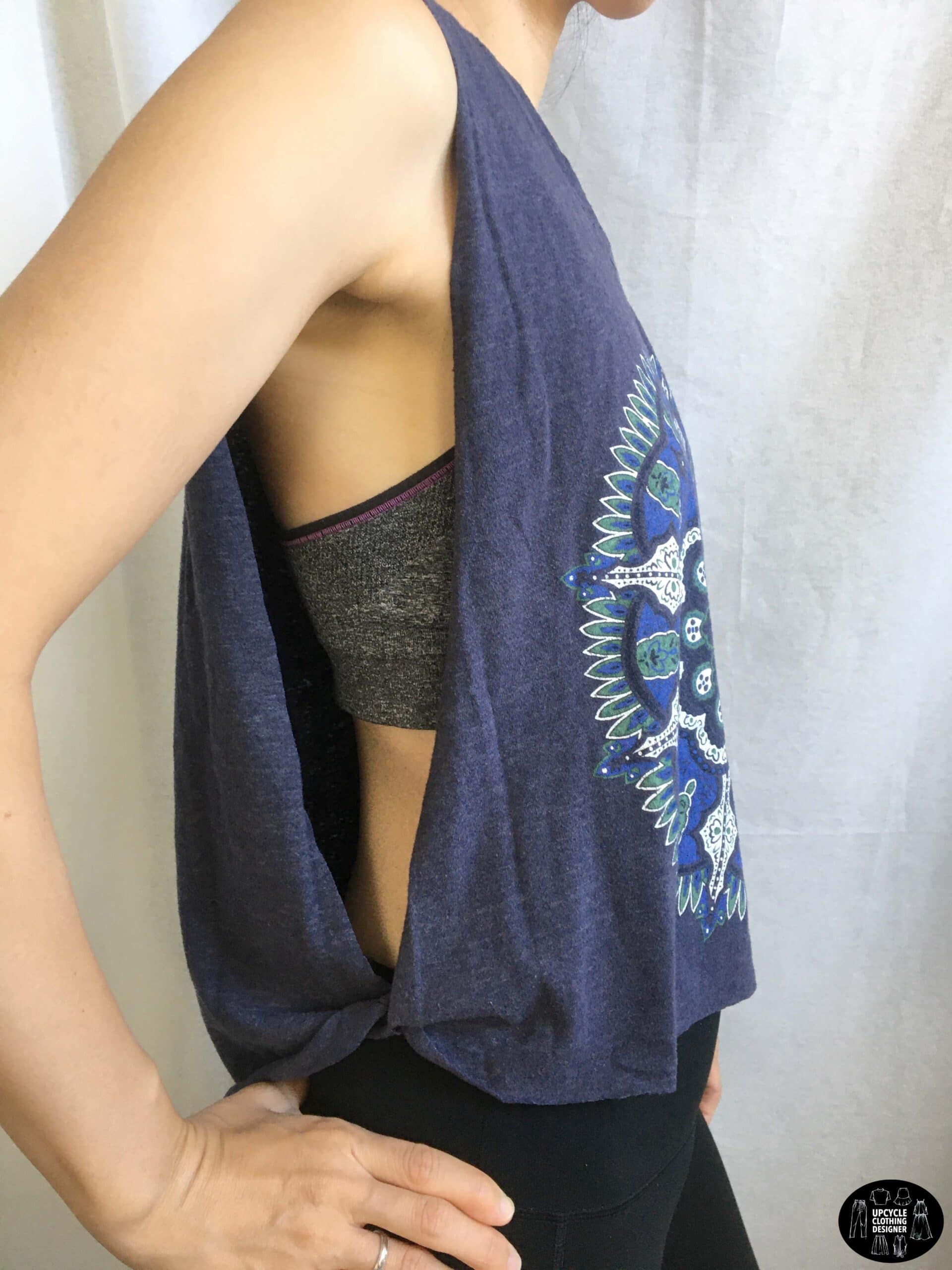 Sideview of the no sew muscle tank from t-shirt.
