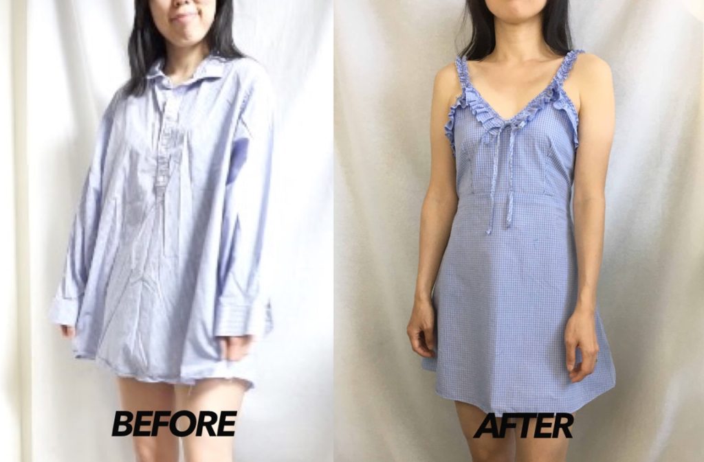 Ruffle shoulder dress from men's shirt before and after