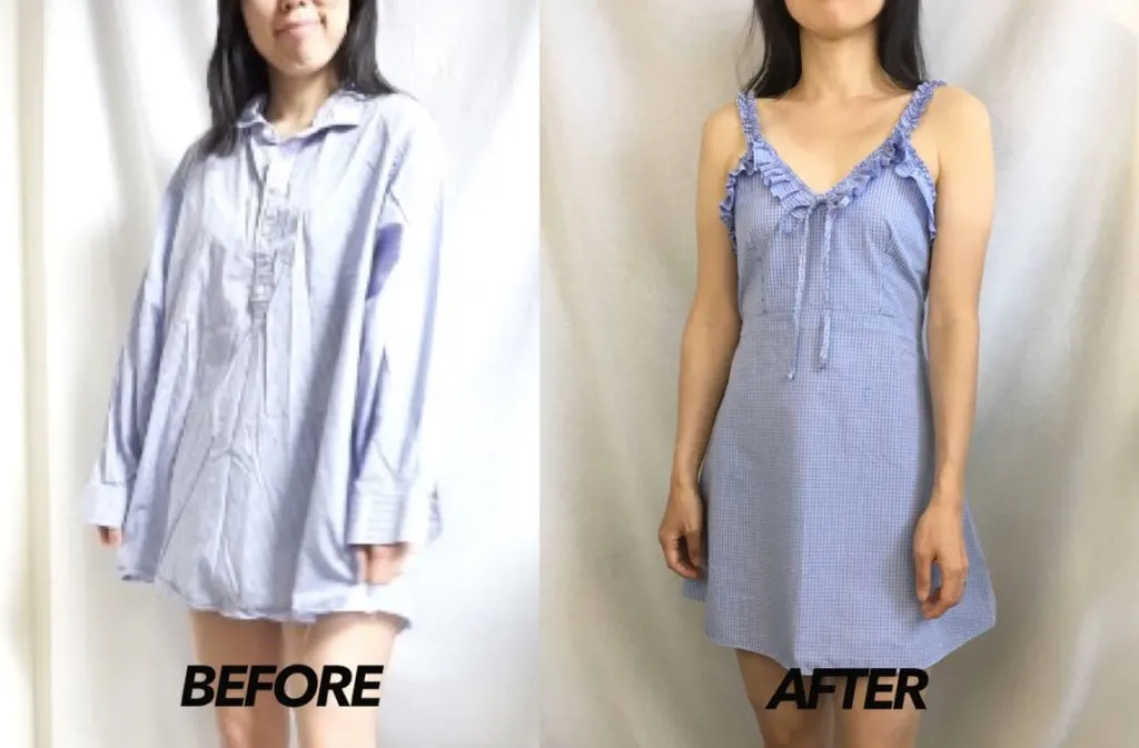 Ruffle shoulder dress from men's shirt before and after Ruffle shoulder dress from men's shirt before and after