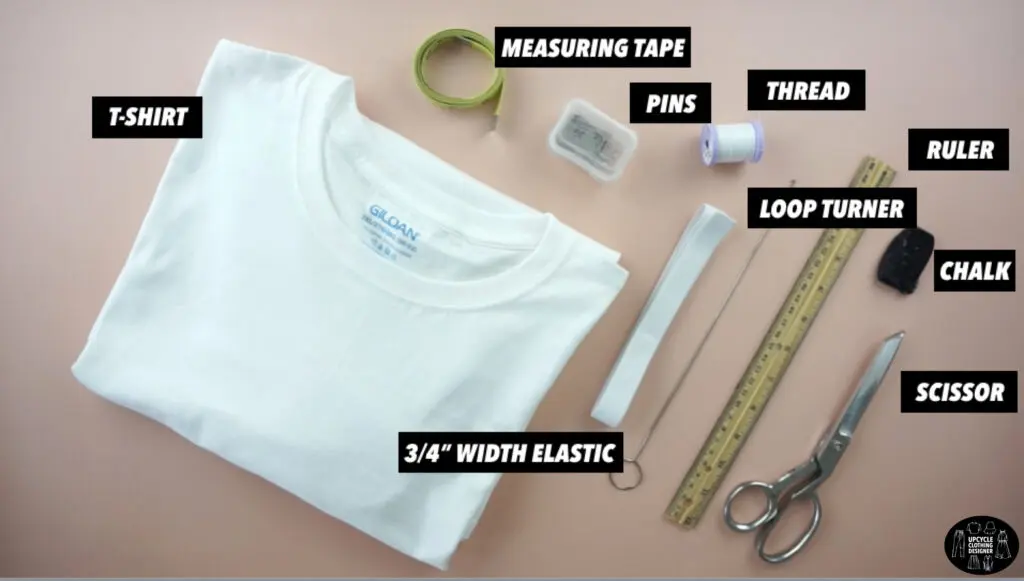 Materials to make a side ruched mini skirt from a t-shirt