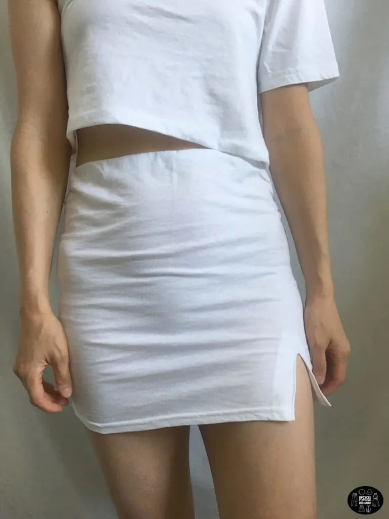 Front view of the side slit mini skirt from a t-shirt