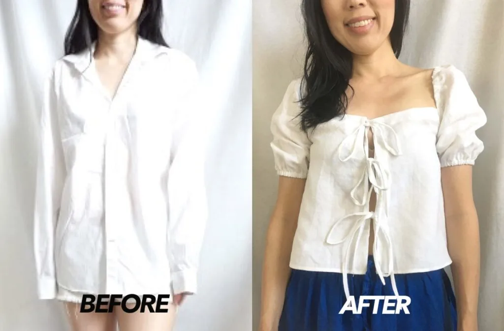 Square neck tie front blouse from a men's shirt before and after Square neck tie front blouse from a men's shirt before and after