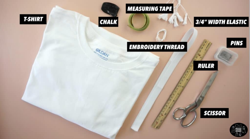 Materials to make a tassel trim wrap mini skirt from a t-shirt