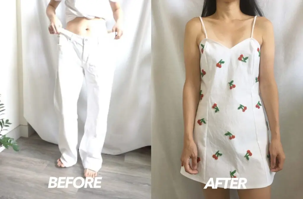 Cherry dress from old jeans before and after Cherry dress from old jeans before and after