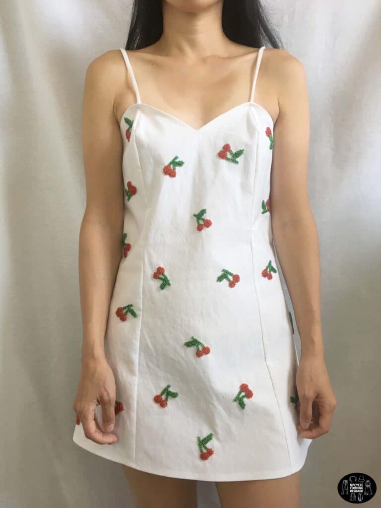 Front view of the cherry dress from old jeans