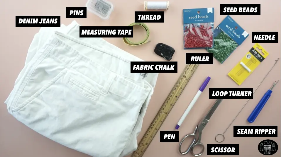 Materials to make a cherry dress from old jeans