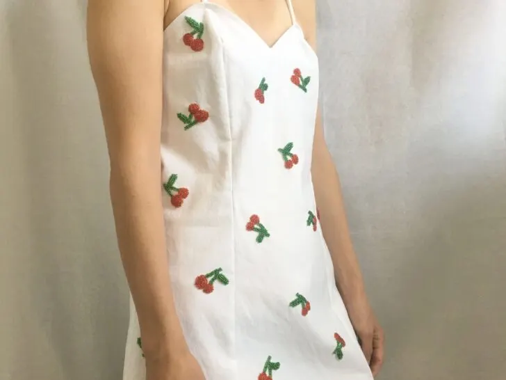 Sideview of the cherry dress from old jeans