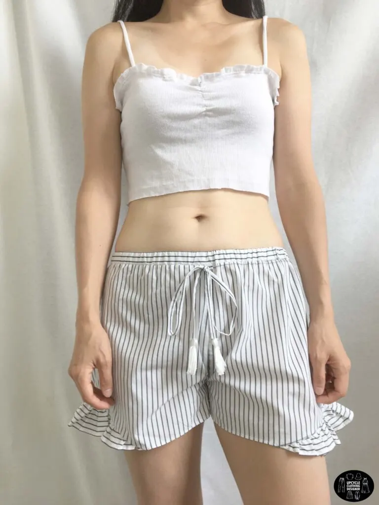 Front view of the ruffle shorts from men's dress shirt.