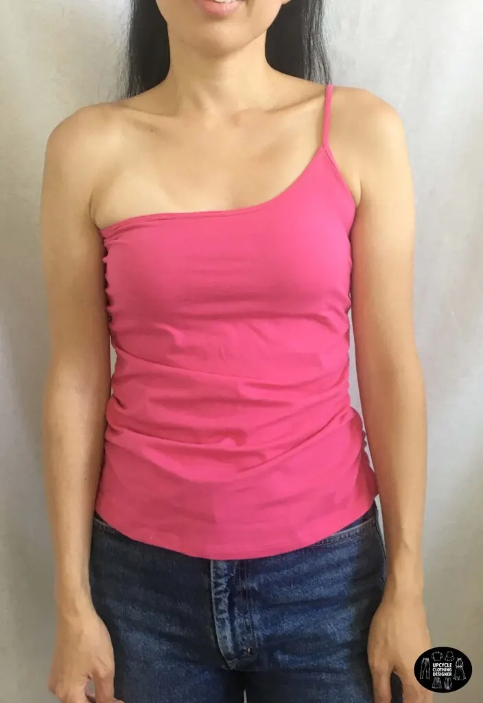Front view of the diy one shoulder shirred camisole top