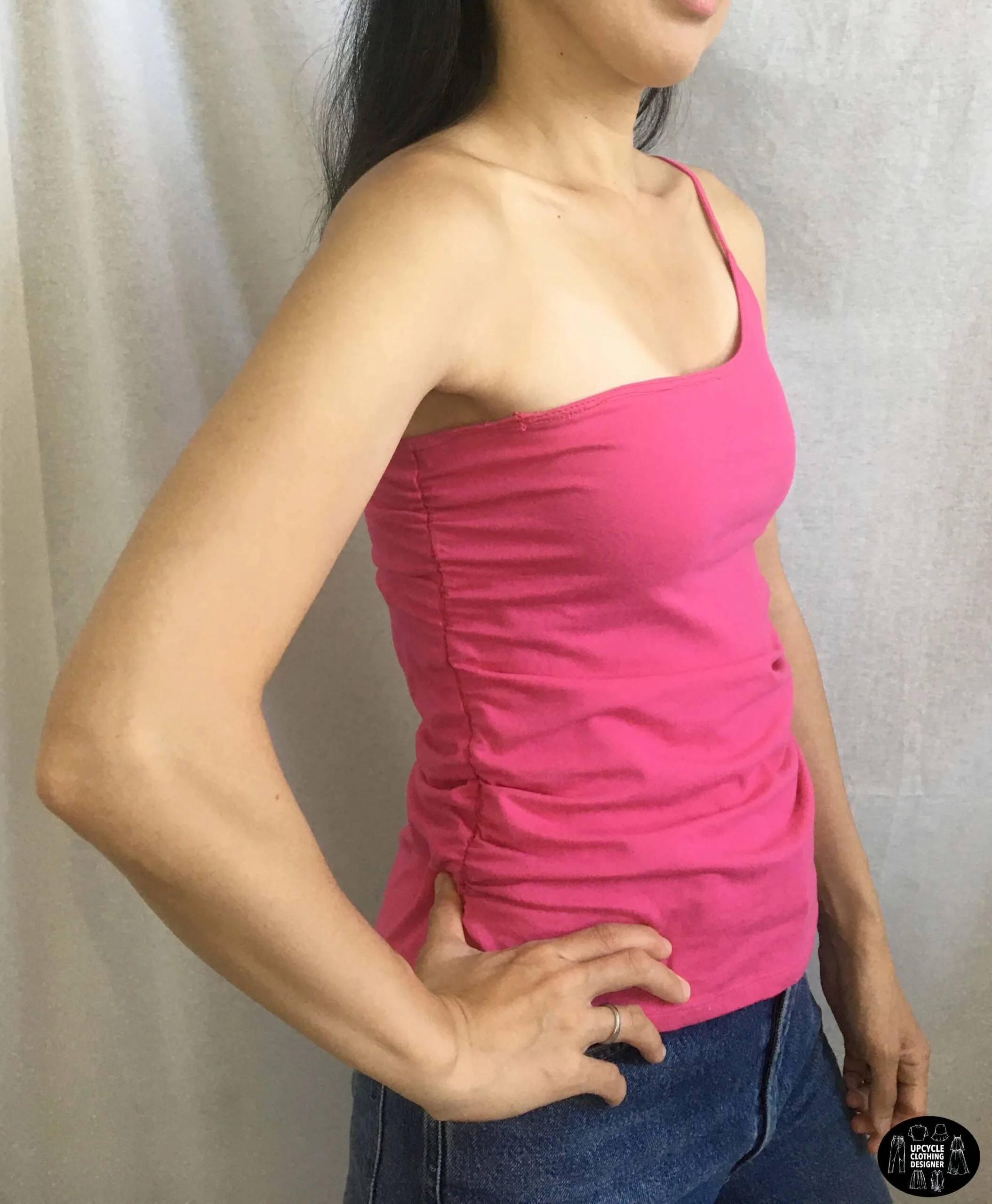 Sideview of the diy one shoulder shirred camisole top