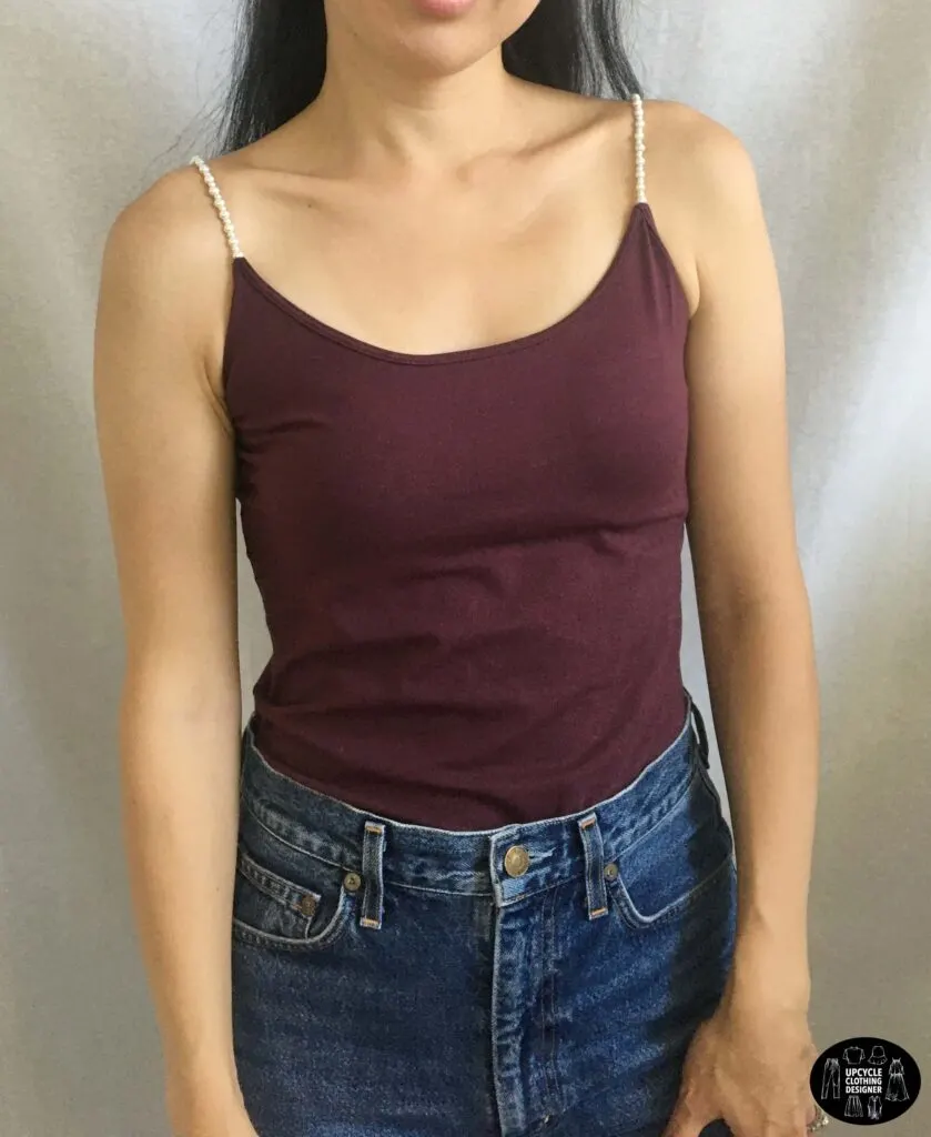Front view of the no sew pearl strap camisole top