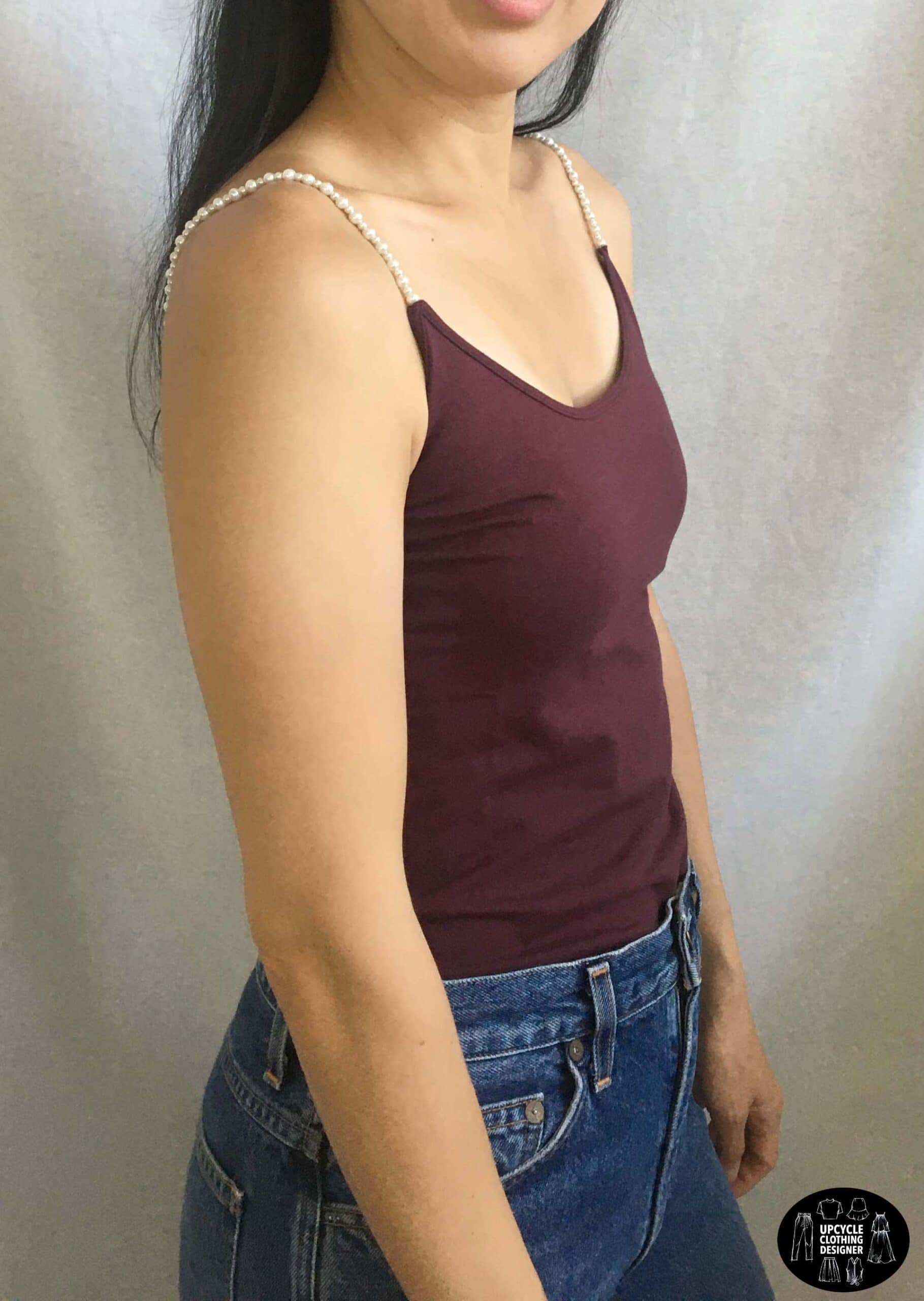 Sideview of the no sew pearl strap camisole top