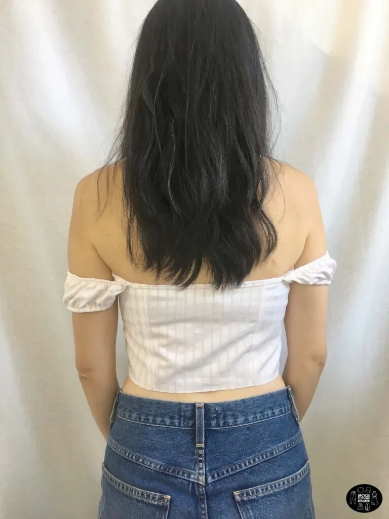 Back view of the off the shoulder top from men's shirt.