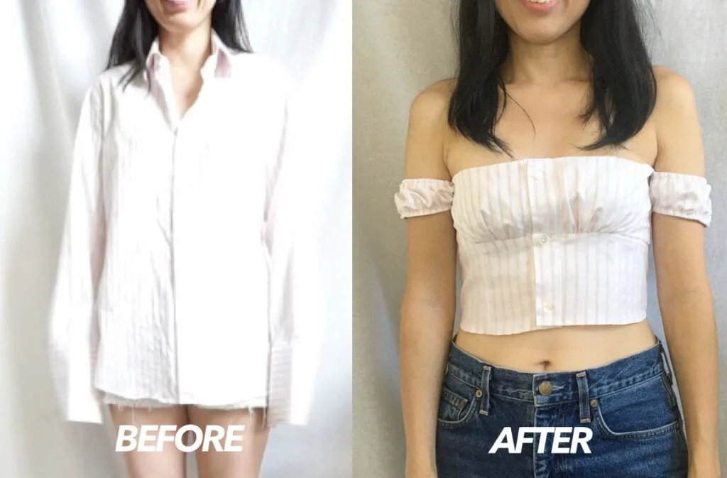 Off the shoulder top from men's shirt before and after Off the shoulder top from men's shirt before and after.